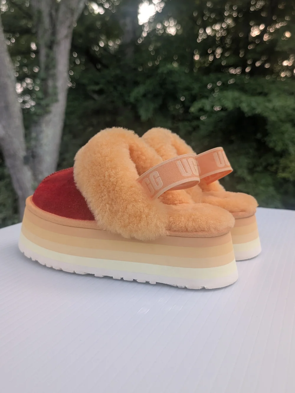 UGG Two-Tone Platform Slide in Orange Faux Fur and Orange Red Upper 7